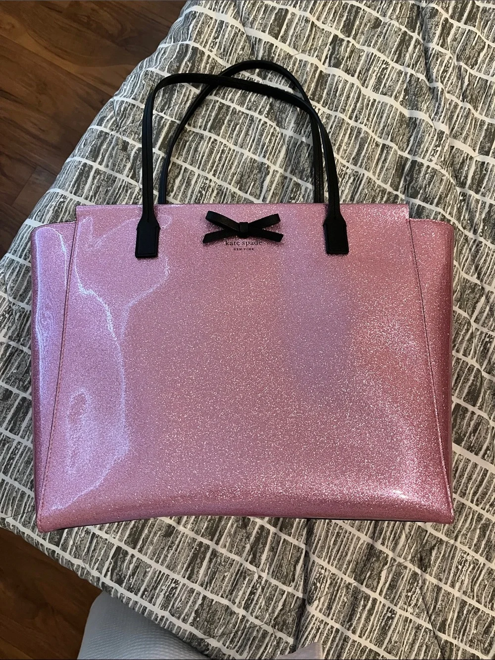 kate spade Pink Glitter Tote with Black Handles and Bow